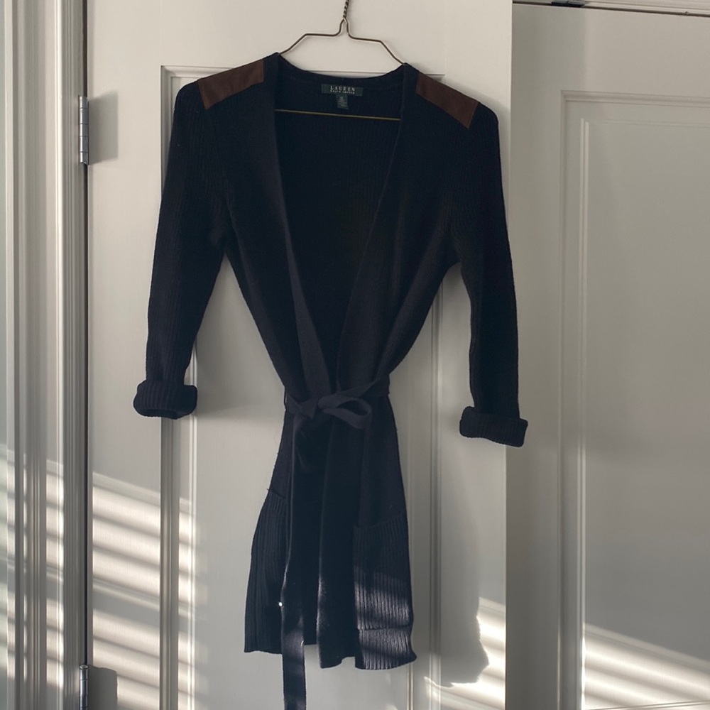 Lauren long cardigan with brown suede shoulder detailing